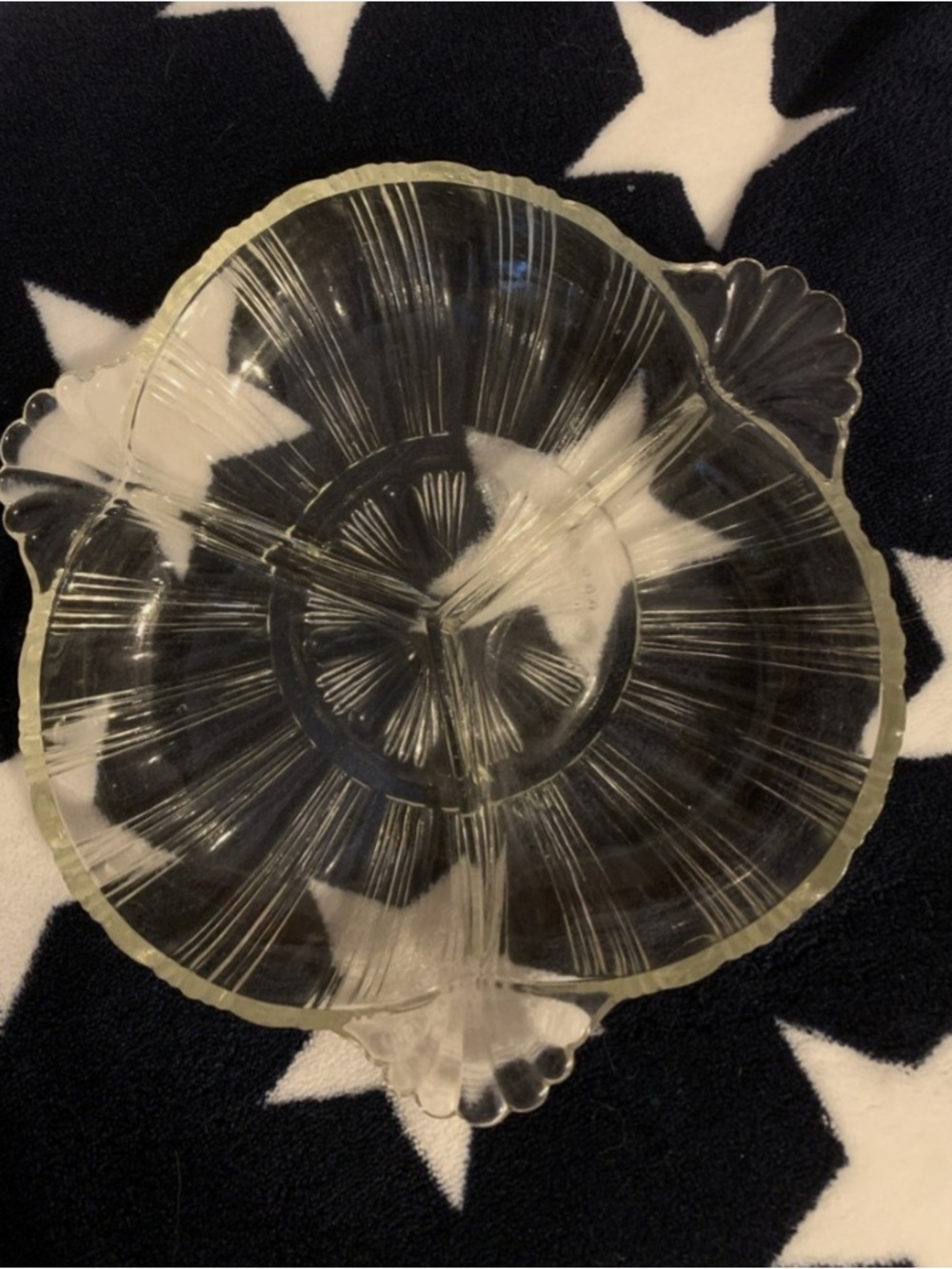 Hazel Atlas Pattern 572 Clear Glass 3 Part Divided 7” Relish Dish With Handles